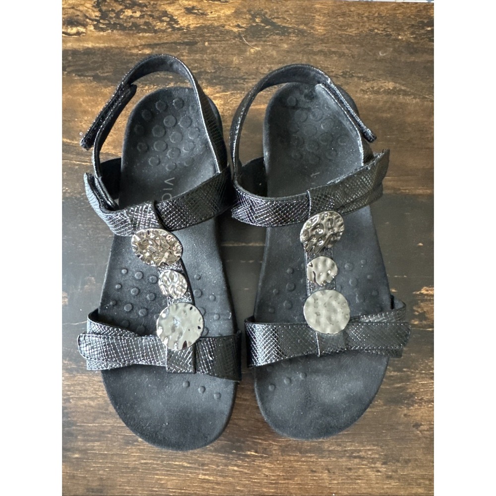 Vionic‎ Black Patent Croco Silver Discs Slip-On Sling Back Adjustable Sandals 8